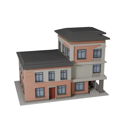 Ranch House low poly 3D model, game-ready exterior view, showing residential building materials and architectural detail