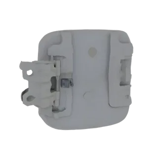 3D model of a white hinged fuel door cover, showing the hinge mechanism and the cover itself against a white background.