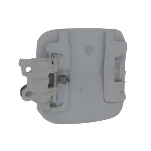 3D model of a white hinged fuel door cover, showing the hinge mechanism and the cover itself against a white background.