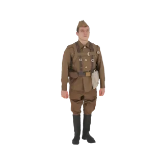 Modelo 3D de soldado soviético em uniforme da Segunda Guerra Mundial, em pose de sentido com equipamento.
