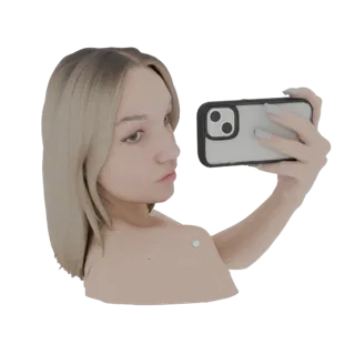 Modelo 3D de uma jovem de cabelos loiros tirando uma selfie com um smartphone, vista de lado.