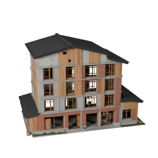 Modello 3D Eco House stilizzato, vista isometrica di un ambiente di gioco stilizzato, che mostra materiali di edifici residen
