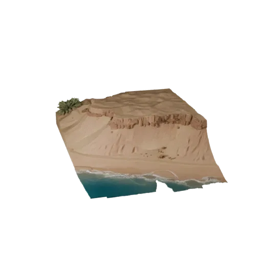 Coastal Sand Bank Unreal Engine 3D model, top-down viewport view, showing layered soil, dune ridges.
