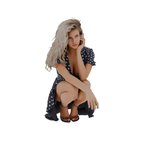 3D model of a woman with blonde hair wearing a black polka dot dress, crouching with one hand on her knee and the other near