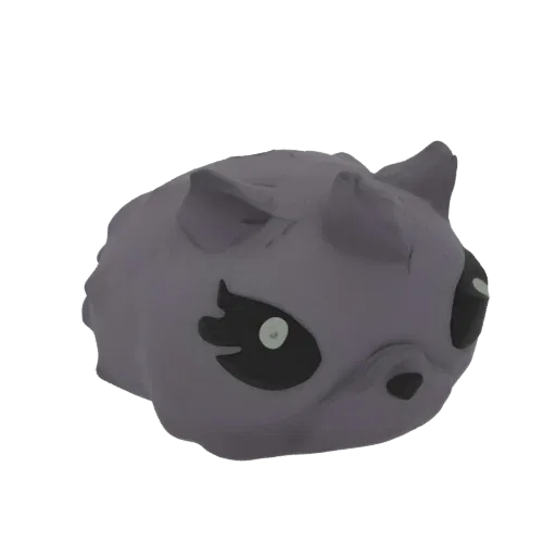 3D model of a cute, stylized chibi raccoon with large black eyes and a rounded body, set against a black background.