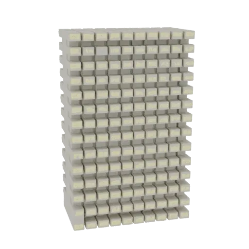 Render 3D di un'alta pila di cubi beige con sottili iscrizioni gialle, presentato su uno sfondo bianco.