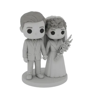 3D-Modell eines Brautpaares im Chibi-Stil in Hochzeitskleidung, stehend auf einem runden Sockel.