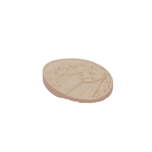 3D model render of an oval bas-relief featuring a vintage car on a mountain road, with stylized mountains in the background.