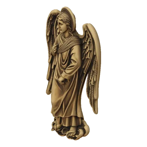 3D model of a detailed angelic figure with a halo, feathered wings, and standing on clouds.