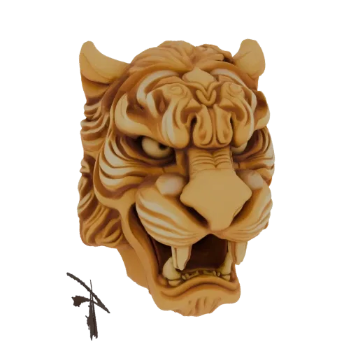 3D model of a fierce tiger head sculpture with bared teeth and piercing eyes, rendered with a warm, wood-like texture.