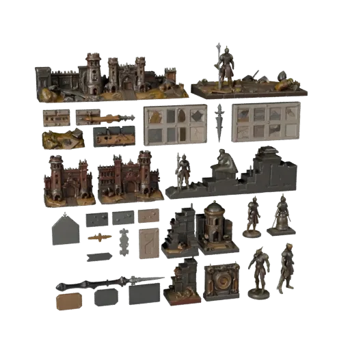 Vorschau des modularen 3D-Modells des Dungeon-Schlacht-Vignette-Kits, die geschichtete Teile und eine Draufsicht für Kitbashi