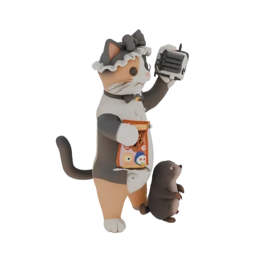 3D model of a tricolor cat in a maid outfit, holding a servo-skull and food bag, with a mole at its paw