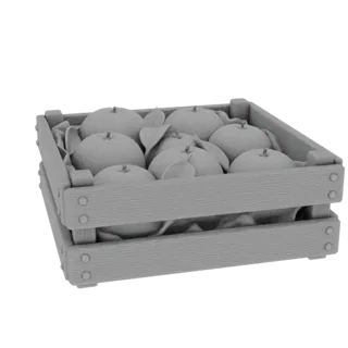 Ein 3D-Rendering einer Holzkiste, gefüllt mit texturierten Äpfeln und grünen Blättern, auf weißem Hintergrund.