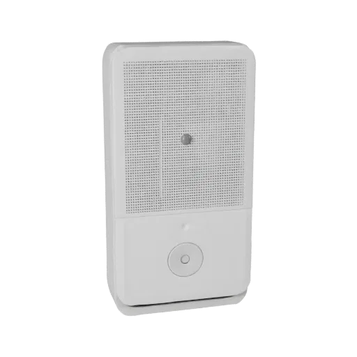 Minimal Video Doorbell 3D model, three-quarter front view, Unity viewport, showing white plastic, form detail.