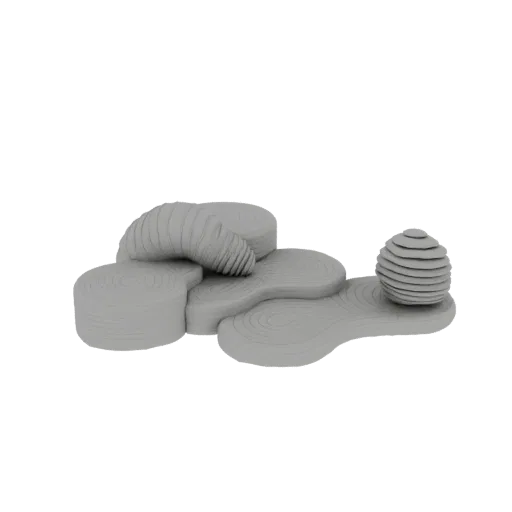 A 3D render of an abstract sculpture with layered organic shapes and undulating platforms, presented on a black background.