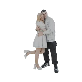 3D model of a young couple embracing affectionately, the woman in a light dress and the man in casual streetwear.