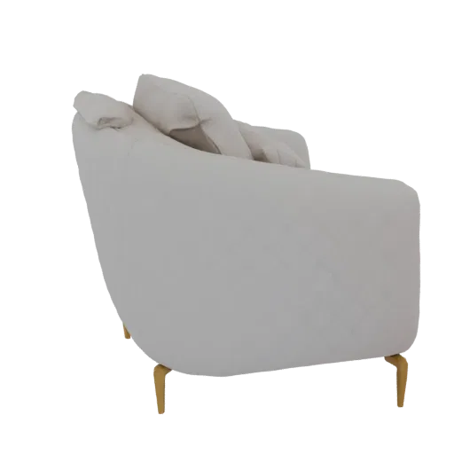 Side view of a modern tufted armchair with plush white upholstery and gold legs, presented on a black background.