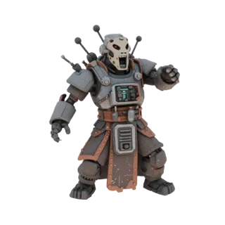 3D model of a creepy cyber-monk with a resonator mask, multiple antennas, and a chest panel, standing in a dynamic pose.