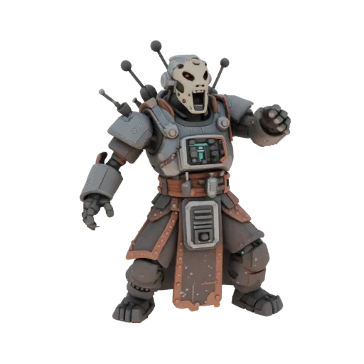 3D model of a creepy cyber-monk with a resonator mask, multiple antennas, and a chest panel, standing in a dynamic pose.