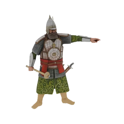 Modèle 3D de guerrier médiéval barbu, en armure ornée, tenant une masse et une épée à la hanche, pointant vers la droite.