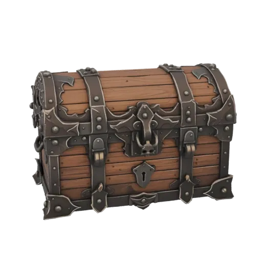3D render of an ornate wooden treasure chest with dark metal accents and a curved lid, set against a white background.