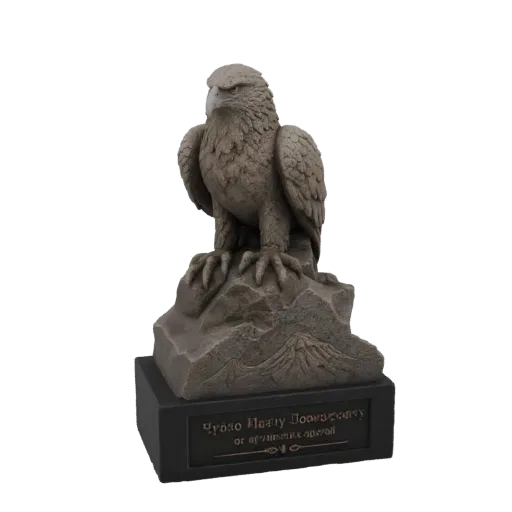 3D model of a stone-textured eagle sculpture perched on a rock, with an engraved black base.
