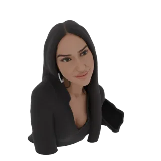 Renderização do modelo 3D de uma mulher com cabelos escuros vestindo um moletom preto, olhando para o lado com um leve sorris