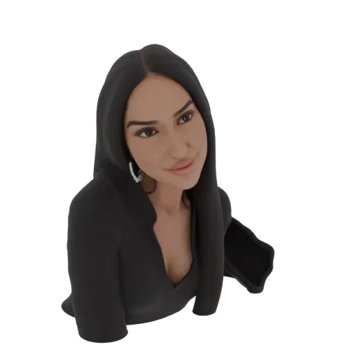 3D-Modell-Rendering einer Frau mit dunklem Haar, die einen schwarzen Hoodie trägt und mit einem leichten Lächeln zur Seite bl