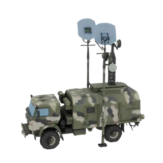 3D model of a camouflaged military truck with large radar dishes on top, set against a black background.