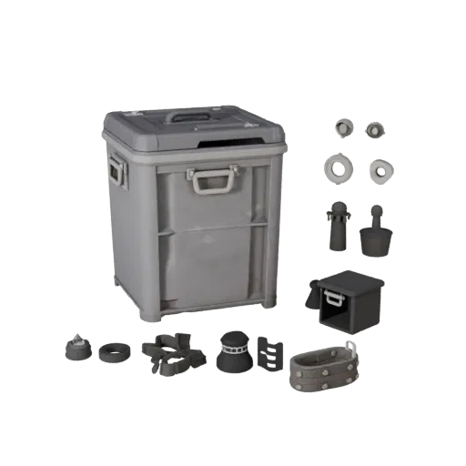 Utility Storage Bin 3D model, three-quarter front view, Unreal Engine viewport, showing plastic, usable openings.