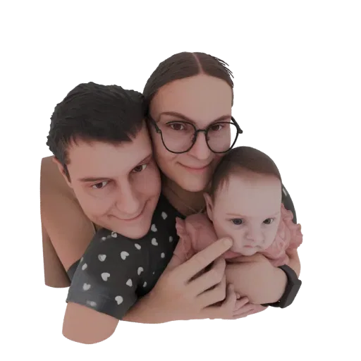 KI-generiertes 3D-Modell eines lächelnden Paares, das sein Baby umarmt und einen warmen Familienmoment einfängt.