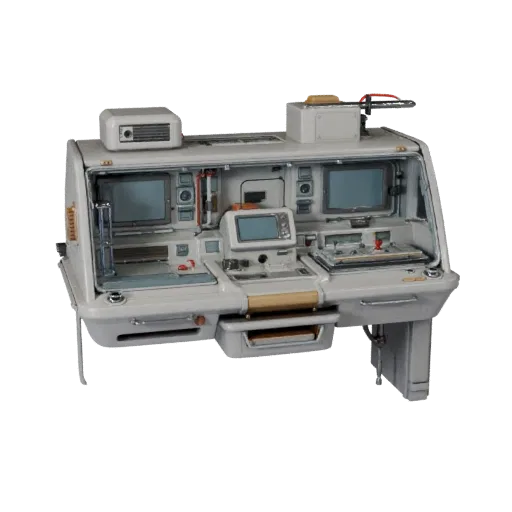 Futuristic Containment Pod Realistic 3D model, three-quarter studio render, showing clean metal, bench-top devices.