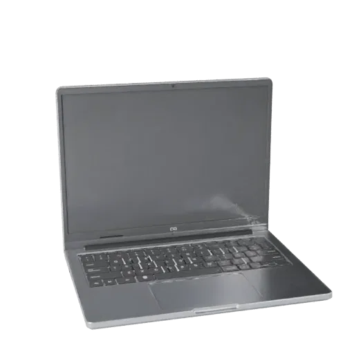 Modèle 3D de station de travail portable Ultrabook, rendu produit en studio à trois quarts, montrant le métal brossé, le déta