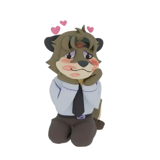 3D model of a cute otter character kneeling with lipstick kisses on its face and pink hearts above its head.