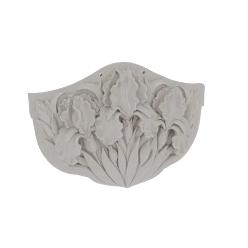 3D-Modell einer Jugendstil-Relief-Plakette mit drei Schwertlilien, Blättern und dekorativen Rändern, in Hellbeige gerendert.