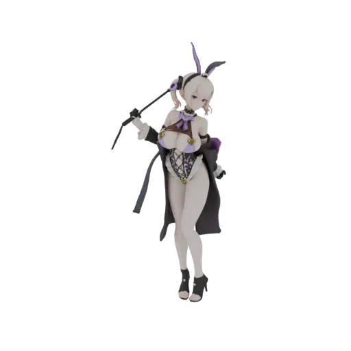 3D model of a bunny girl character with purple accents, wearing a revealing outfit and bunny ears, holding a whip.