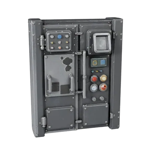 Industrial Locked Door Panel 3D model, three-quarter front view, Unity viewport, showing metal hinges, form detail.