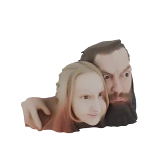 Modelo 3D de um pai com barba e uma filha com cabelo loiro abraçando-se apertado, ambos olhando para a frente com expressões