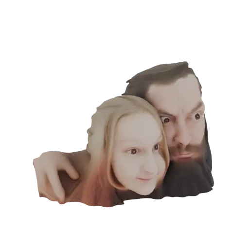 Modelo 3D de un padre con barba y una hija con cabello rubio abrazándose de cerca, ambos mirando hacia adelante con expresion