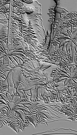 Modèle 3D d'un bas-relief représentant une famille de tricératops parmi des fougères et des palmiers