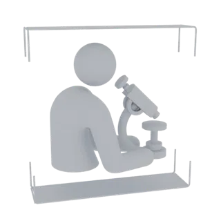 Grauer stilisierter Wissenschaftler im 3D-Modell blickt durch ein Mikroskop vor weißem Hintergrund.