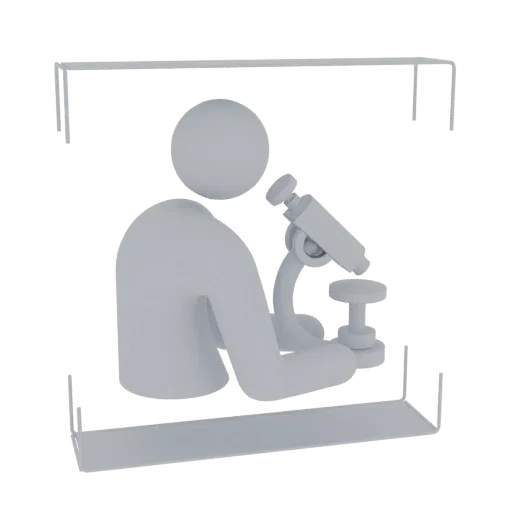 3D model of a stylized gray scientist looking through a microscope, set against a white background.