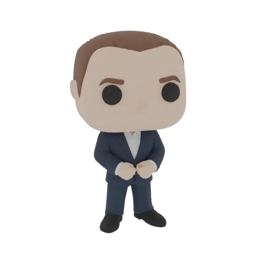Modelo 3D de um Homem de Terno, estilo Funko Pop, vestindo terno azul-marinho e camisa branca.