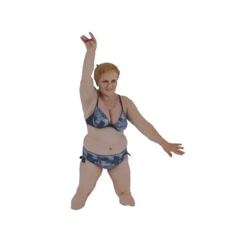 3D model of a woman with blonde hair, wearing a blue patterned bikini, captured in a dynamic dancing pose with arms outstretc