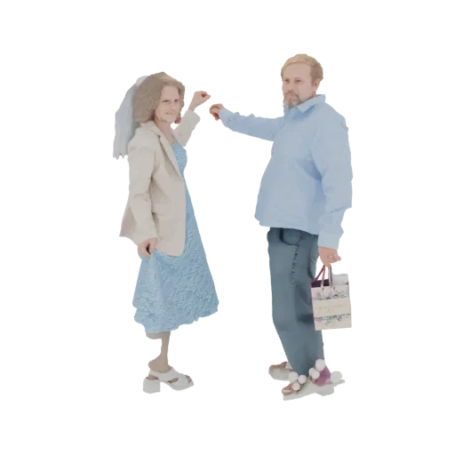 3D model of a couple dancing, the woman in a veil and blue dress, the man holding a floral gift bag.
