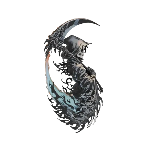 Modelo 3D da figura da Morte, encapuzada e segurando uma grande foice com chamas azuis.