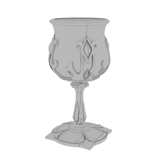A 3D model render of an ornate goblet with intricate floral carvings on its bowl and stem, presented on a black background.