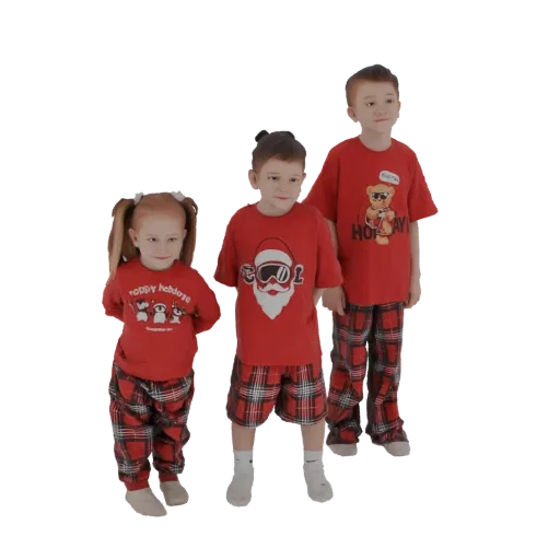 3D model of three children in red Christmas pajamas, two boys and one girl, with festive prints and plaid pants.