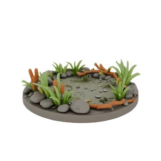 Modelo 3D de base redonda "Orilla de río" con hierba, piedras y ramitas, con plataforma central para miniatura.