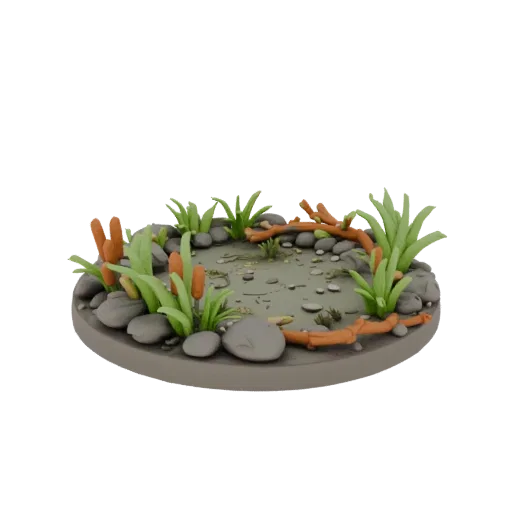 3D model of a round "River Bank" base with grass, stones, and twigs, featuring a central platform for a miniature.
